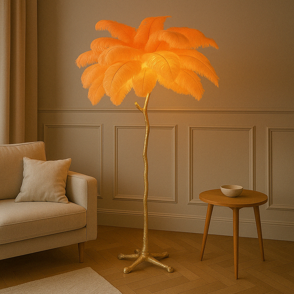 Straußenfeder Stehlampe – Elegante Designerleuchte | Luxus Innenbeleuchtung