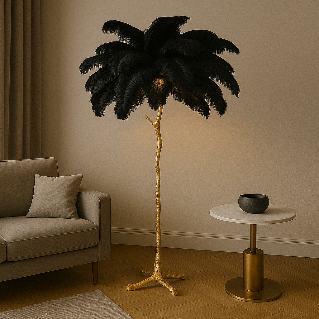 Straußenfeder Stehlampe – Elegante Designerleuchte | Luxus Innenbeleuchtung