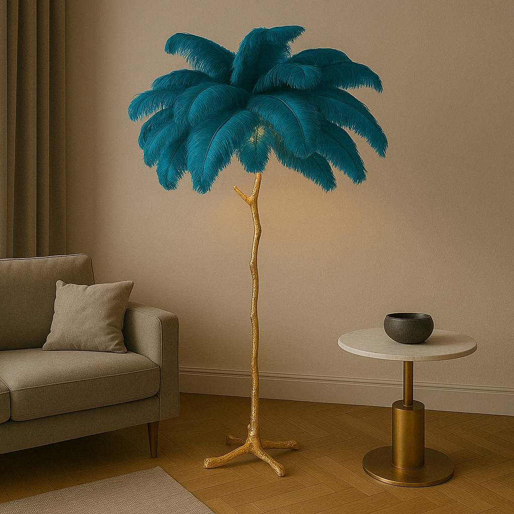 Straußenfeder Stehlampe – Elegante Designerleuchte | Luxus Innenbeleuchtung