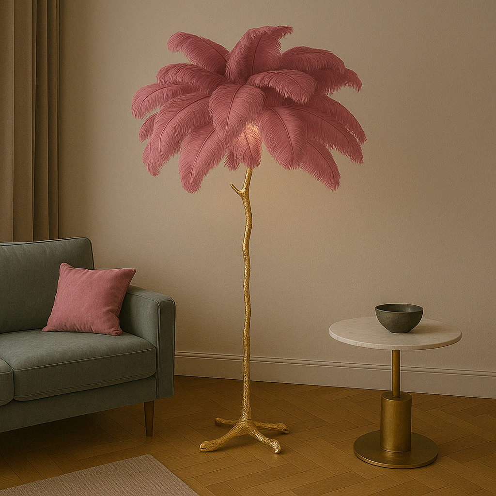 Straußenfeder Stehlampe – Elegante Designerleuchte | Luxus Innenbeleuchtung