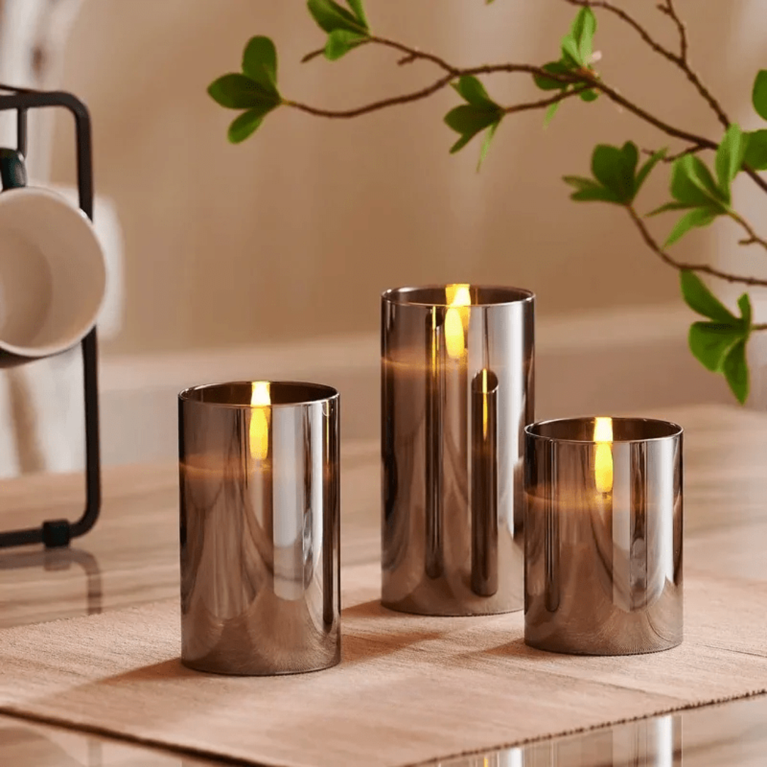 Dreier-Set Wachskerzen im Glas mit Realistischem Flammeneffekt – Warmweißes Licht für Gemütliche Atmosphäre 1