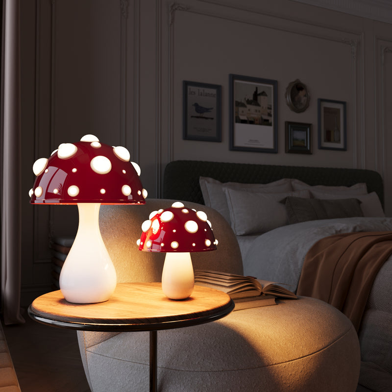 Elegante Tischleuchte im Amanita-Pilzdesign – Dimmbar, Kabellos oder Kabelgebunden, Ideal als Tischlampe für den Schreibtisch oder Nachttisch 0