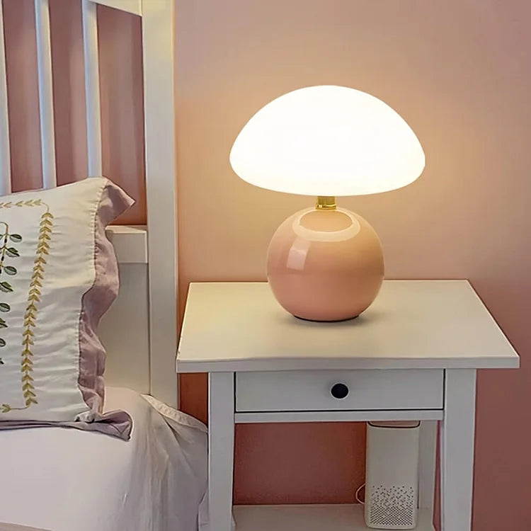 Französische Creme Tischlampe mit LED-Beleuchtung – Pilz-Design aus Keramik, 20 cm Durchmesser, 3 einstellbare Farben 4