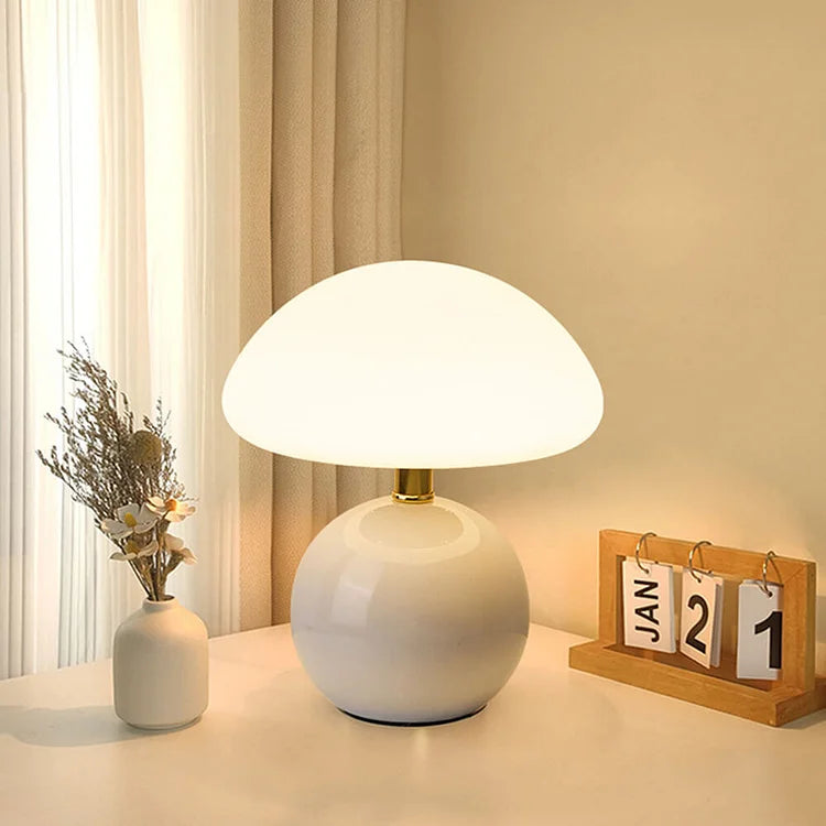 Französische Creme Tischlampe mit LED-Beleuchtung – Pilz-Design aus Keramik, 20 cm Durchmesser, 3 einstellbare Farben 8