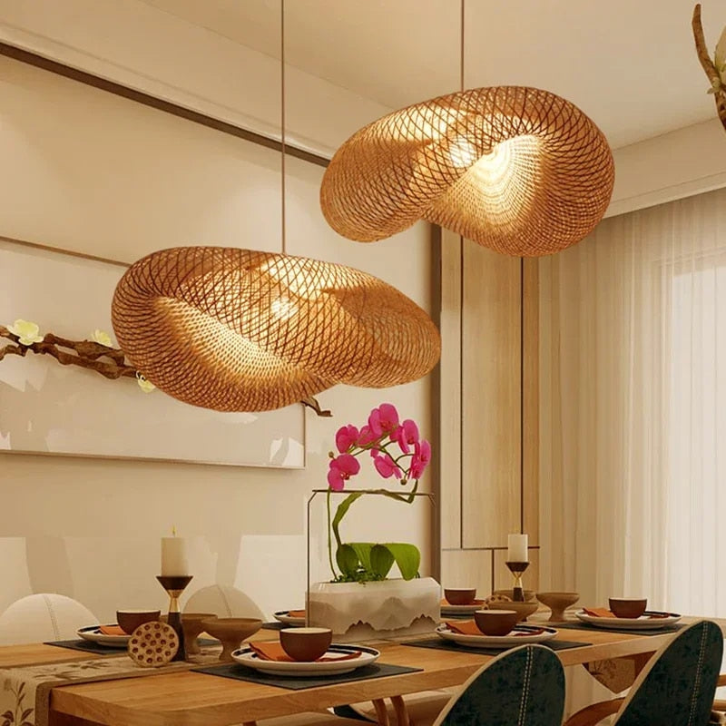 Handgefertigte Bambus Pendelleuchte mit Weidenrattan-Wellenschirm – Elegante Hängelampe für Esszimmer und Wohnräume 8