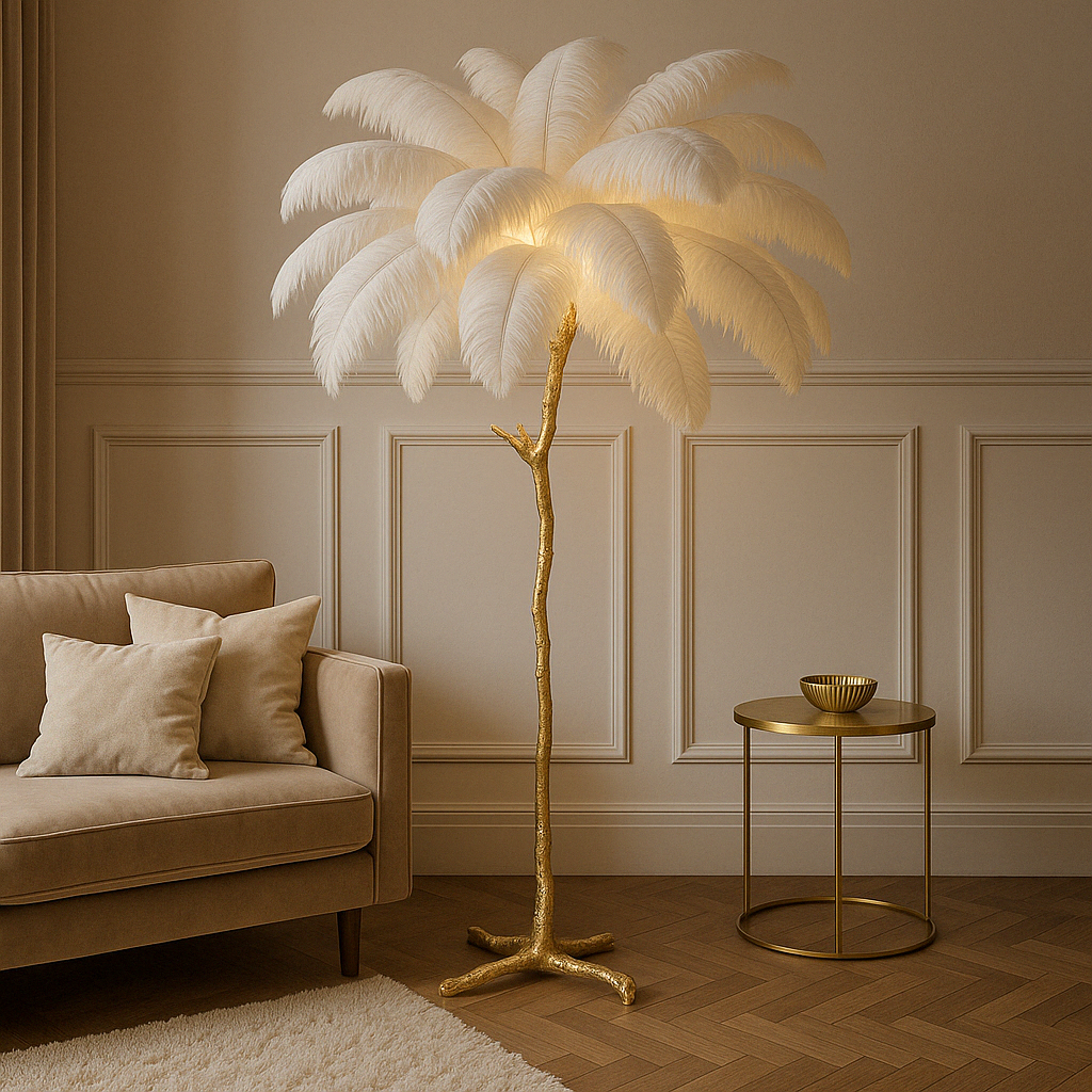 Straußenfeder Stehlampe – Elegante Designerleuchte | Luxus Innenbeleuchtung